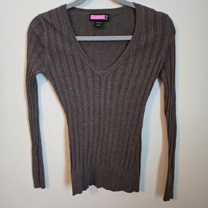 Y2K Fitted Brown Ribbed V-Neck Long Sleeve Sweater Top Vintage Large 100% Cotton